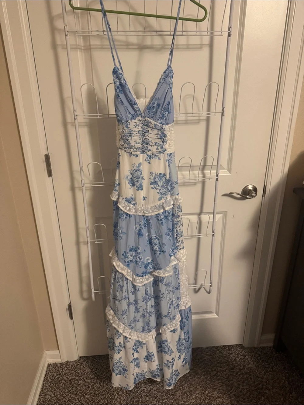 Altar'd State Blue and White Floral Tiered Maxi Dress with Spaghetti Straps